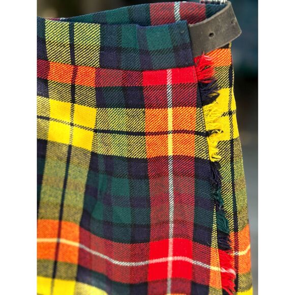 VTG Yellow Red Tartan Plaid Pleat Kilt Wrap Skirt Size XS/S Buckle Thru Closure - Picture 7 of 8